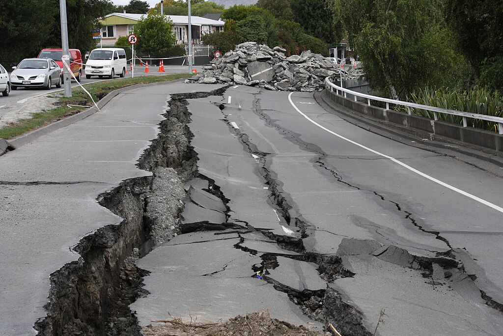 Large cracks on the road at Fitzgerald Avenue, Christchurch