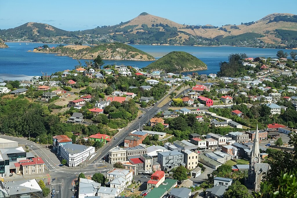 Dunedin, Port Chalmers from Centenary lookout with Quarantine Island